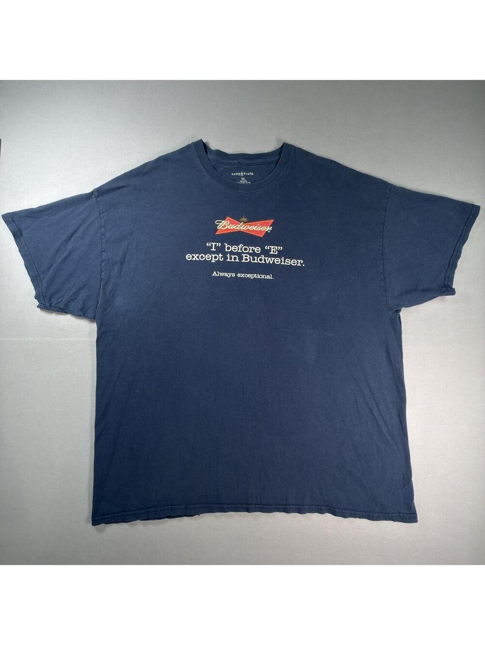 Budweiser Camp David Beer T Shirt Navy Spell Out Promo Graphic Mens 2XL